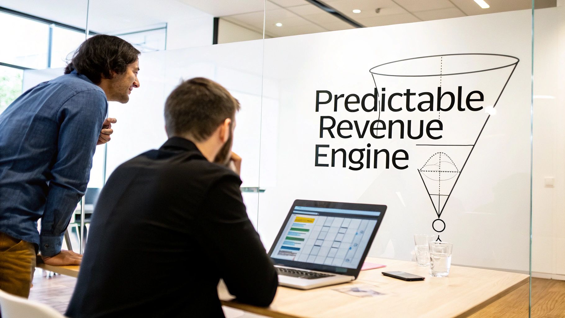 Two men discuss at a table with a laptop, next to a glass wall displaying 'Predictable Revenue Engine' diagram.