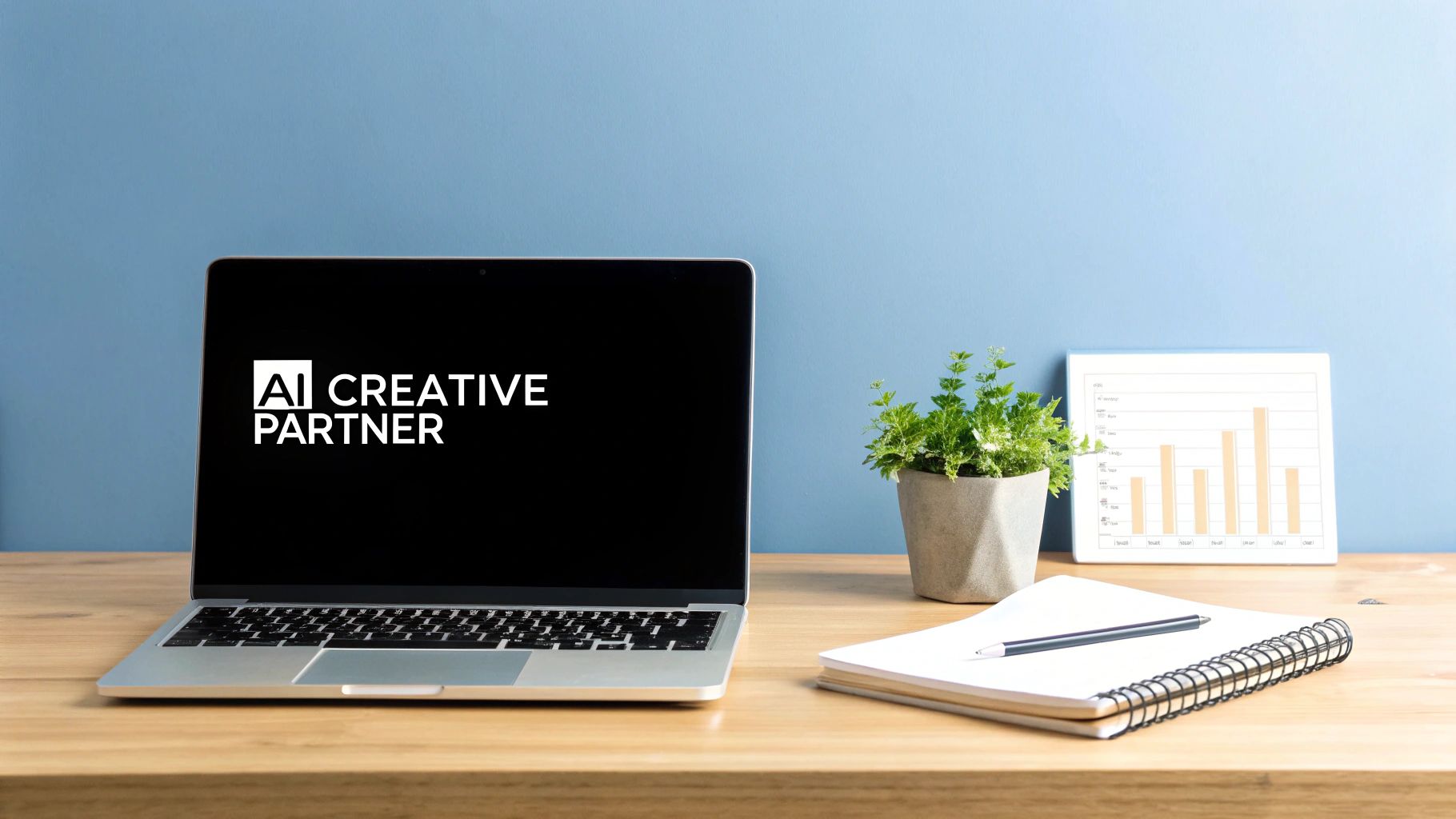 A modern workspace with a laptop displaying 'AI CREATIVE PARTNER', a plant, notebook, and bar chart.