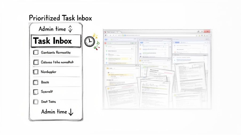 Prioritized task inbox with admin time allocation and a background of multiple open digital documents.