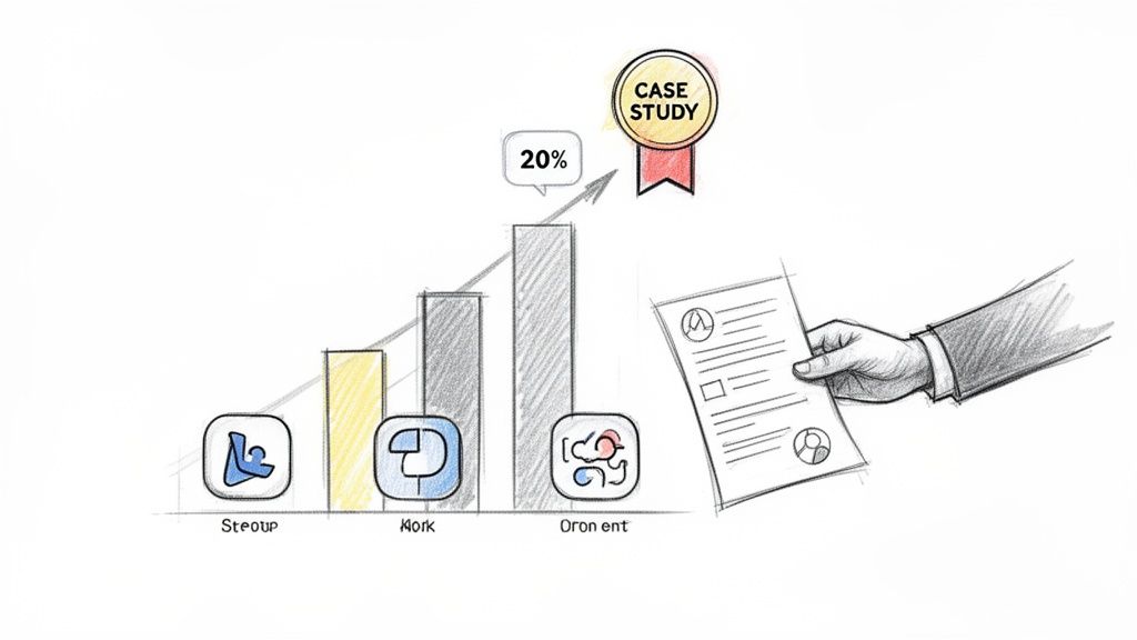 Sketch of a bar chart showing business growth, a 20% increase, a case study, and a document.