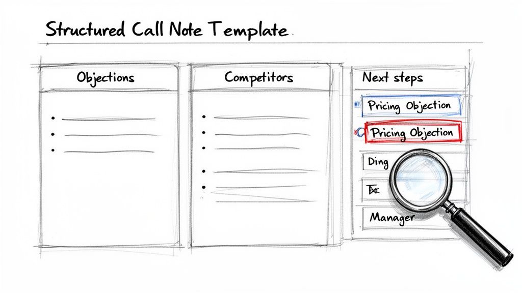 A hand-drawn sketch of a structured call note template with sections for objections, competitors, and next steps.