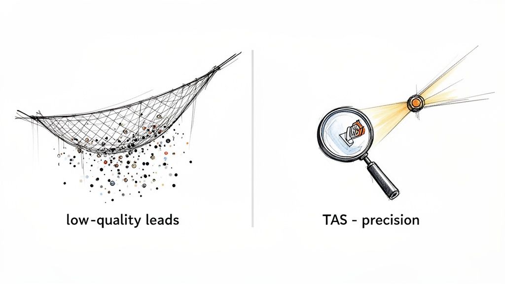 Conceptual image comparing low-quality leads caught in a net to TAS precision focusing on a target.