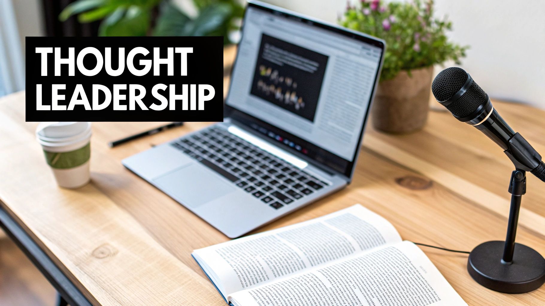Thought leadership workspace with laptop, microphone, open book, and coffee on wooden desk