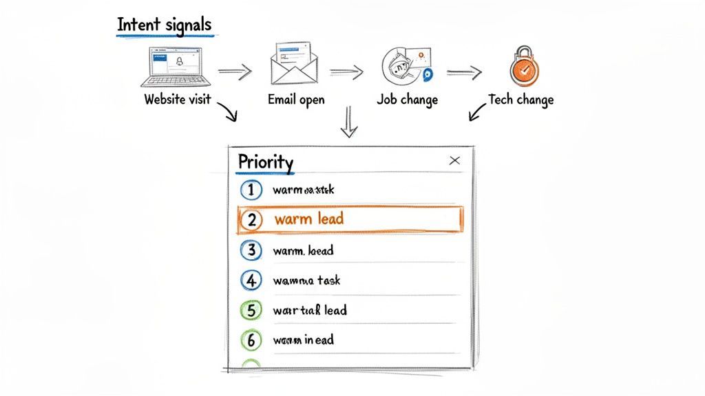 A diagram illustrating intent signals like website visits, email opens, and job changes, which inform lead prioritization.