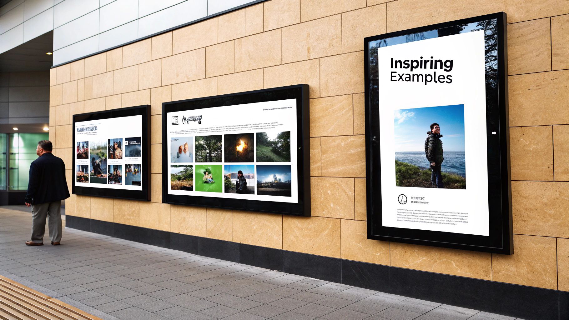 Three large digital display screens on a tiled wall in a modern public space.