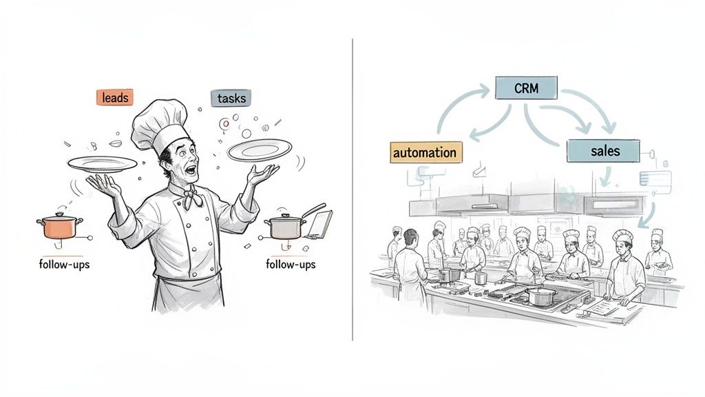 Illustrates the difference between chaotic manual marketing and efficient B2B automation.