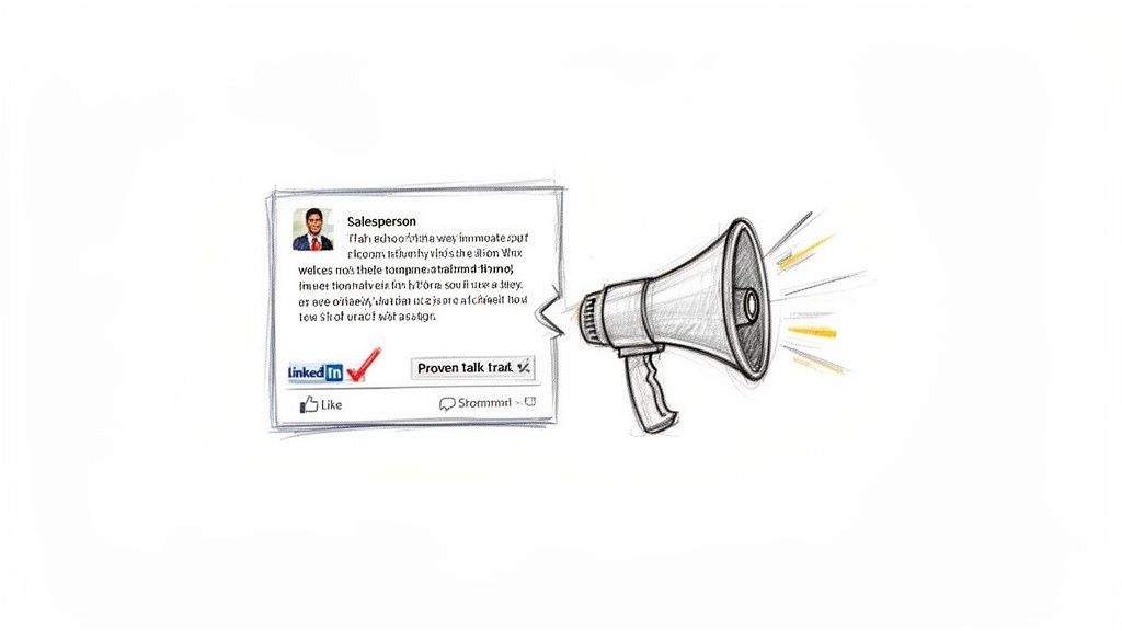 A drawn social media post with a profile and text, connected to a megaphone for content amplification.