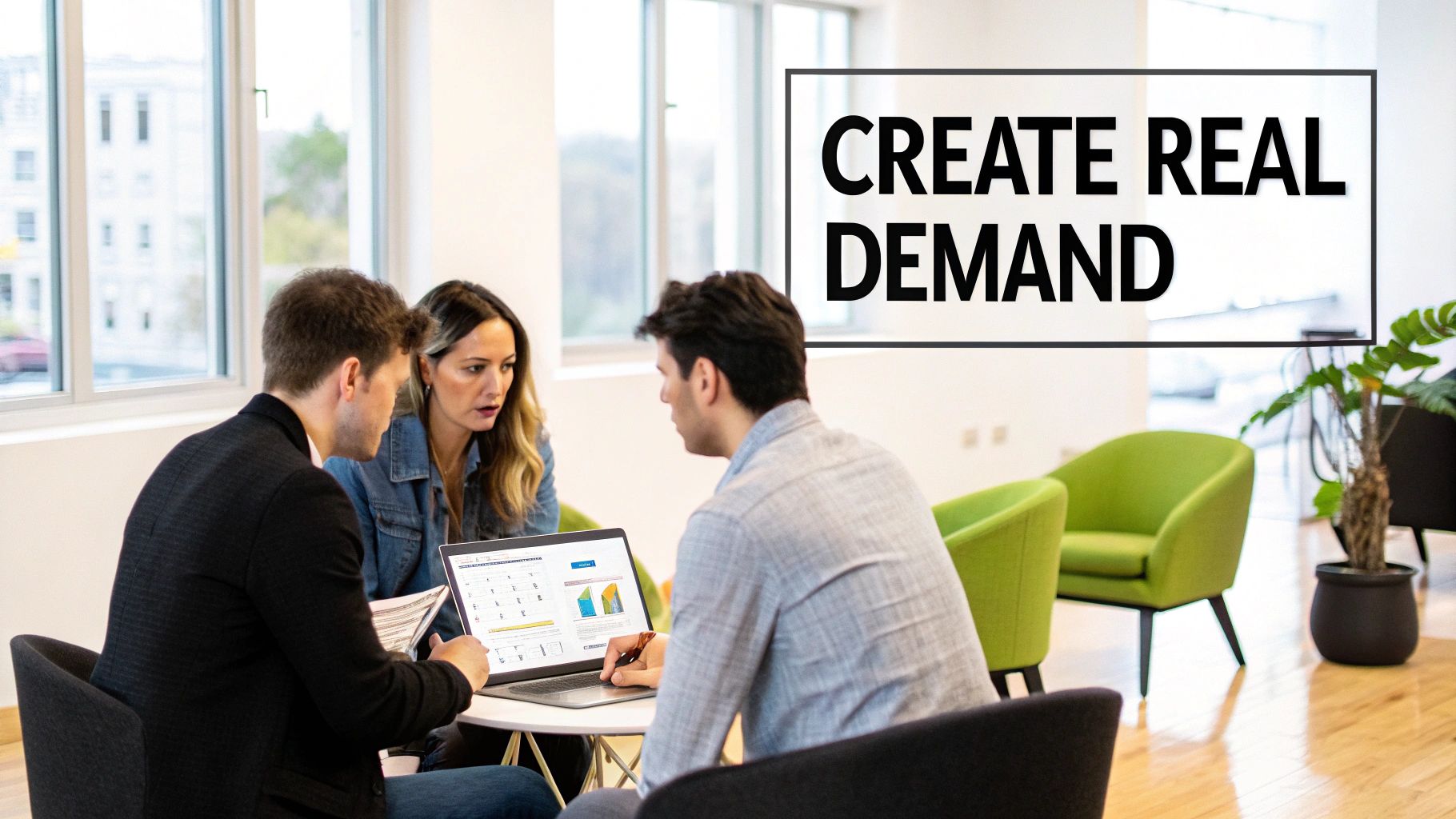 A group of professionals collaborating on a strategic plan for demand generation.