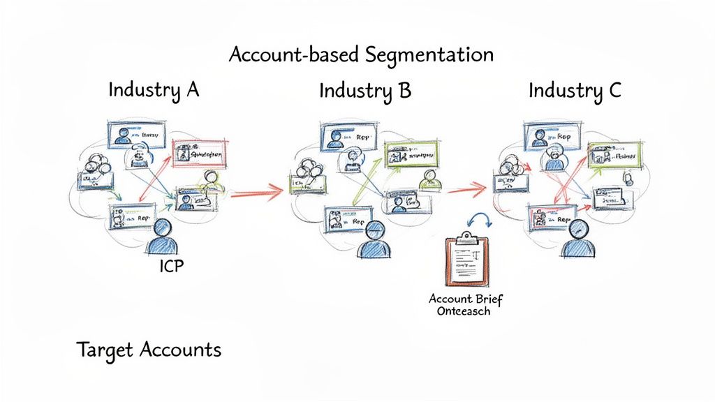 Diagram illustrating account-based segmentation across three industries (A, B, C) with Ideal Customer Profiles.