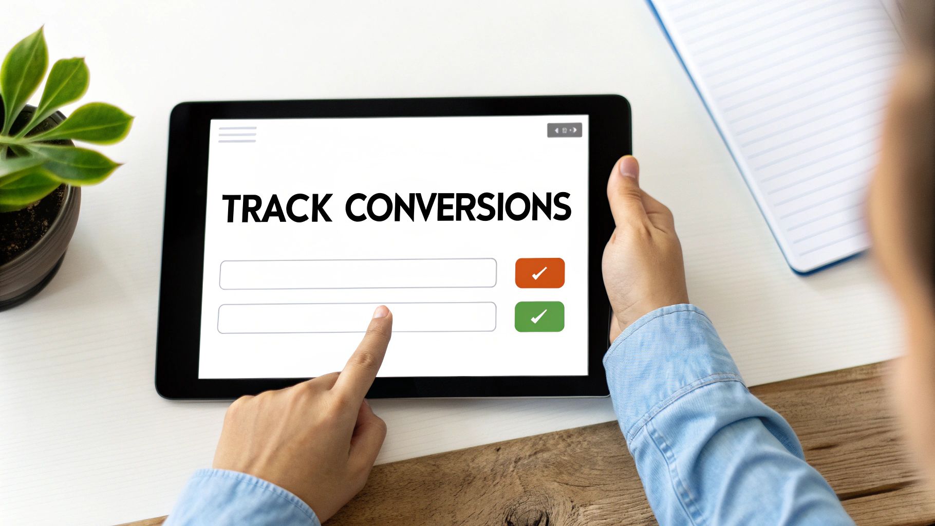 Person using tablet to track conversions with checkmarks on digital interface for website analytics