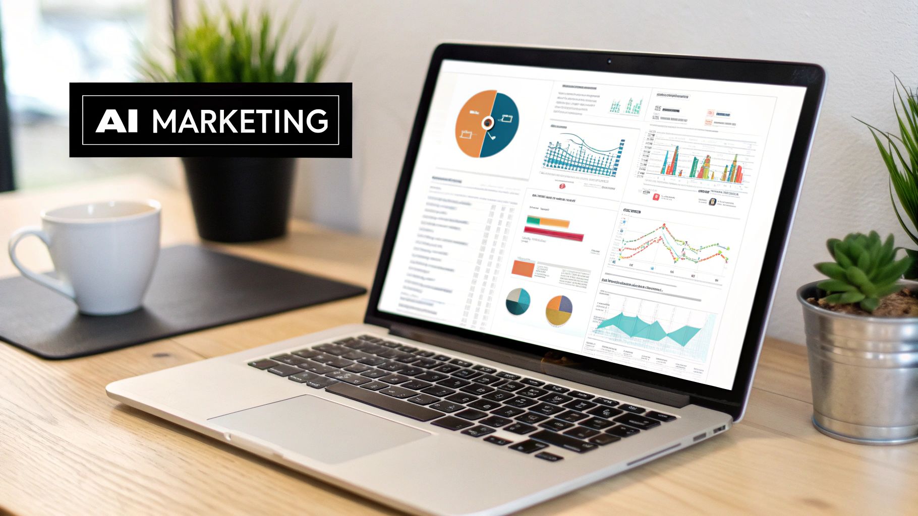 A marketing professional using a tablet with AI-driven charts and data visualizations overlayed, showing the intersection of technology and marketing strategy.