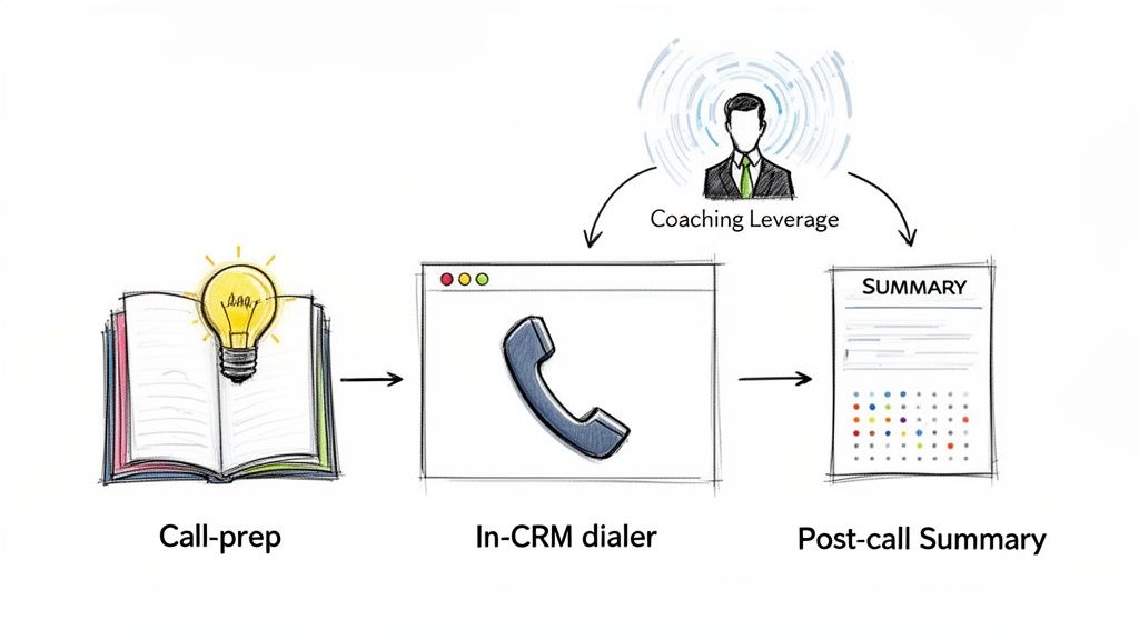 Workflow diagram showing sales call preparation, in-CRM dialing, post-call summary, and coaching leverage.
