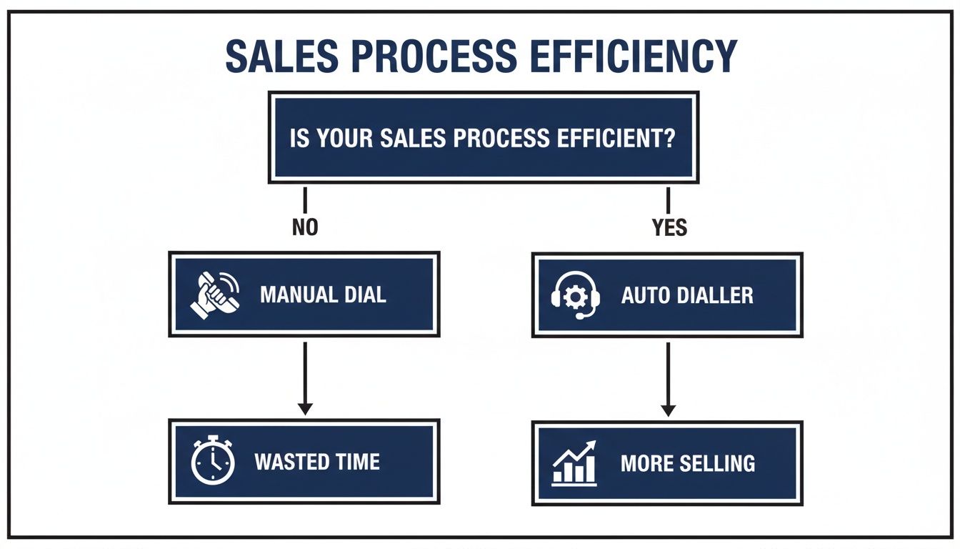 Flowchart illustrating sales process efficiency, comparing manual dialing leading to wasted time with auto dialler for more selling.