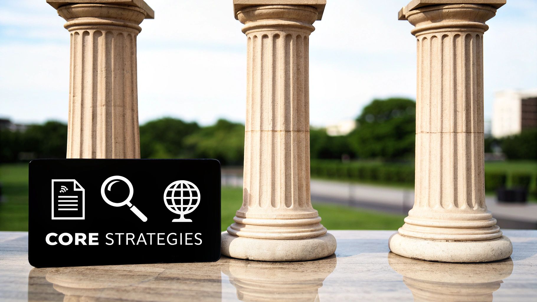 Three pillars representing content creation, SEO, and social media marketing