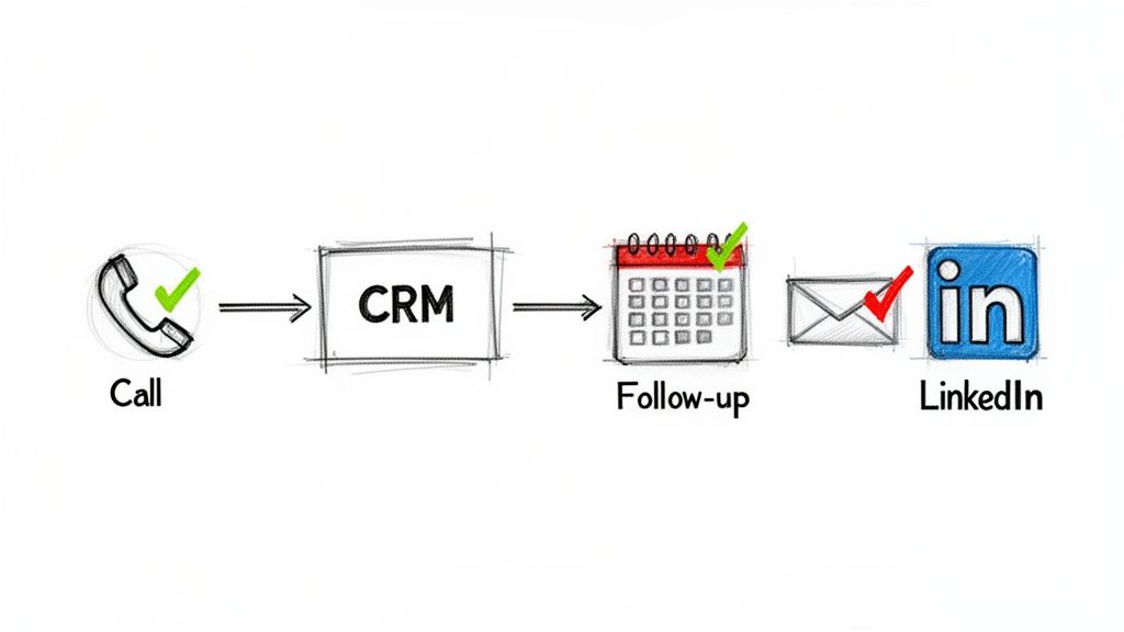 A visual diagram outlining steps in a sales process: Call, CRM, Follow-up, Email, and LinkedIn.
