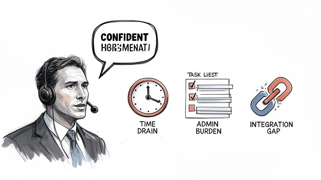 A man in a headset on a call, dealing with business challenges like time drain, admin burden, and integration gaps.