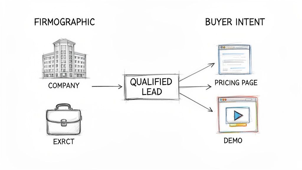 Diagram showing firmographic data (company, executive) leading to qualified leads, driving buyer intent actions like pricing pages and demos.