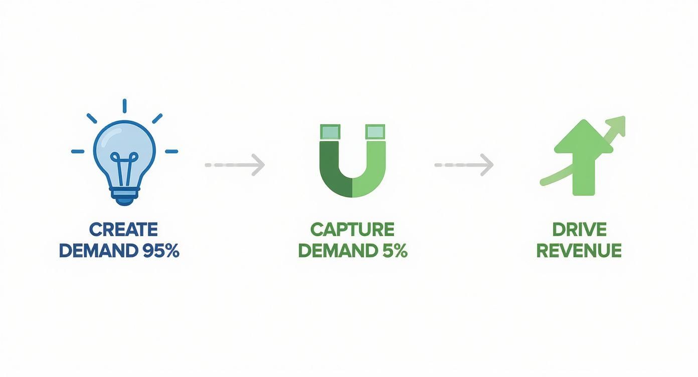Diagram illustrating the three steps of demand generation: create, capture, and drive revenue.