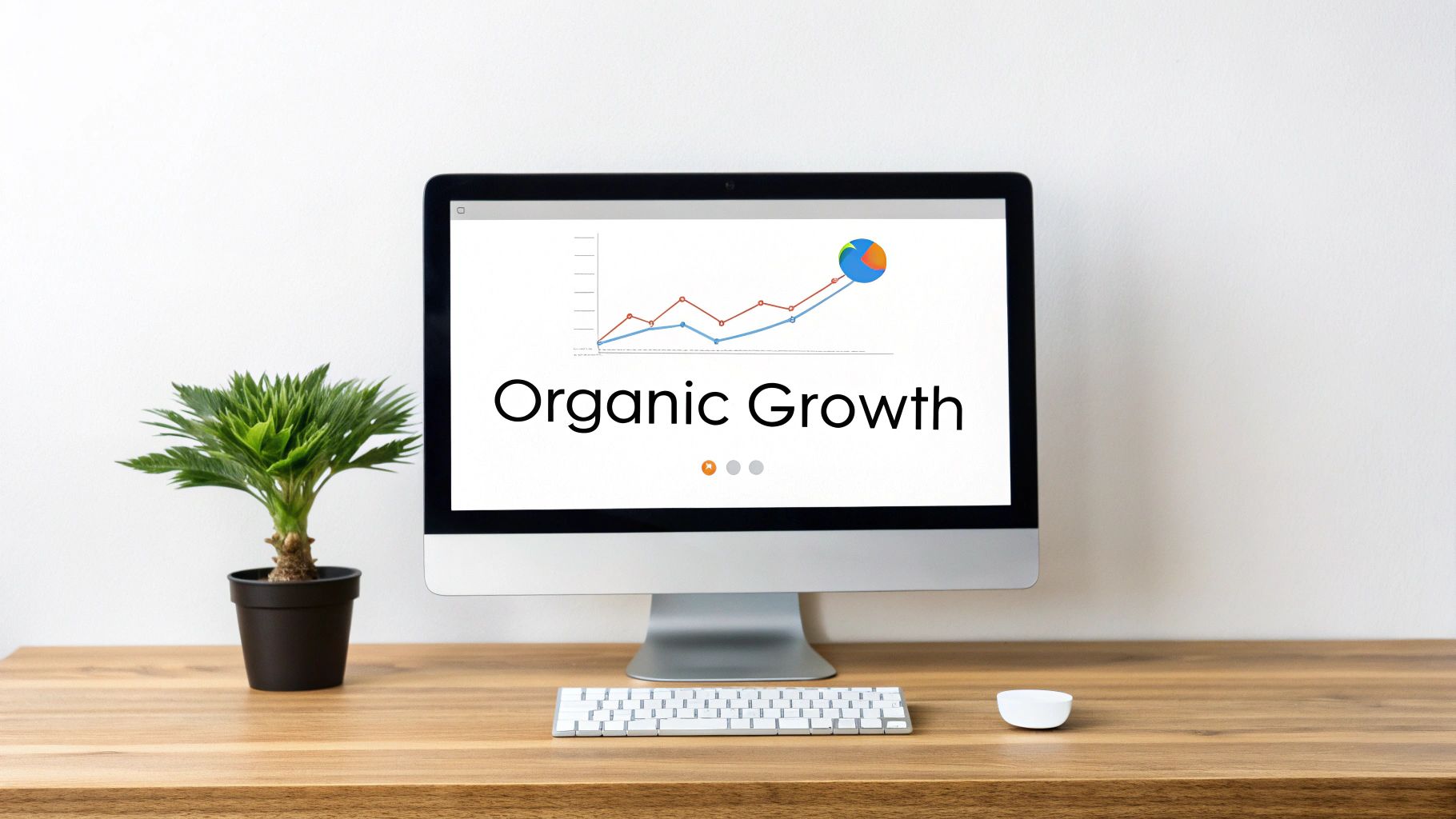 Computer monitor displaying organic growth chart with upward trend line and colorful pie graph
