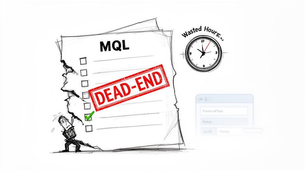 A cartoon shows a person struggling to tear a 'MQL' checklist with a 'DEAD-END' stamp and a 'Wasted Hours' clock.