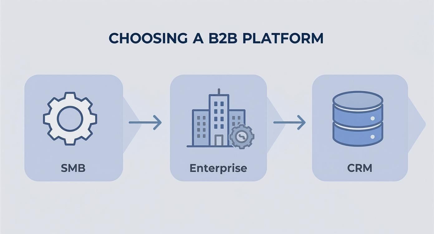 Infographic showing the process flow for choosing a B2B marketing automation platform, with icons for SMB, Enterprise, and CRM integration.