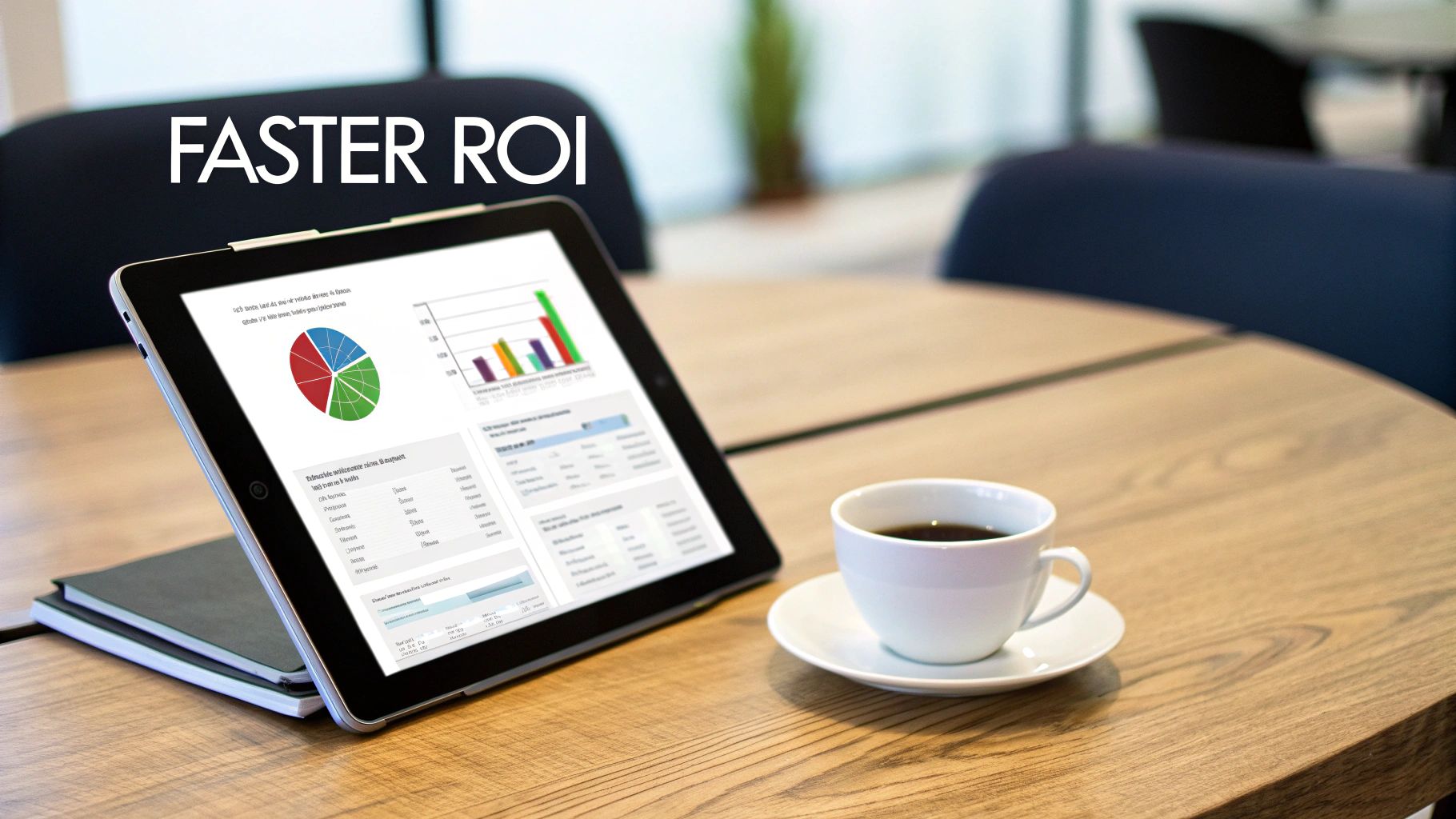 A tablet displaying business charts and data, a coffee cup, and a notebook on a wooden desk with "FASTER ROI" text.