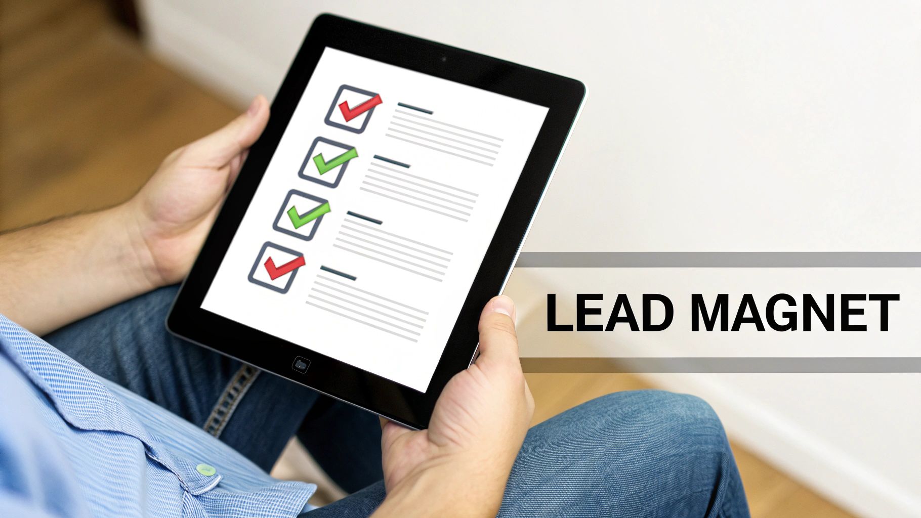 A person holds a tablet showing a checklist with green and red checkmarks. The text "LEAD MAGNET" appears on the right.