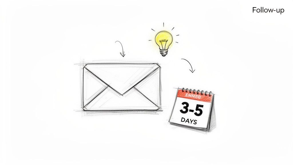 Hand-drawn sketch illustrating sending a follow-up email after an idea, within 3-5 days.