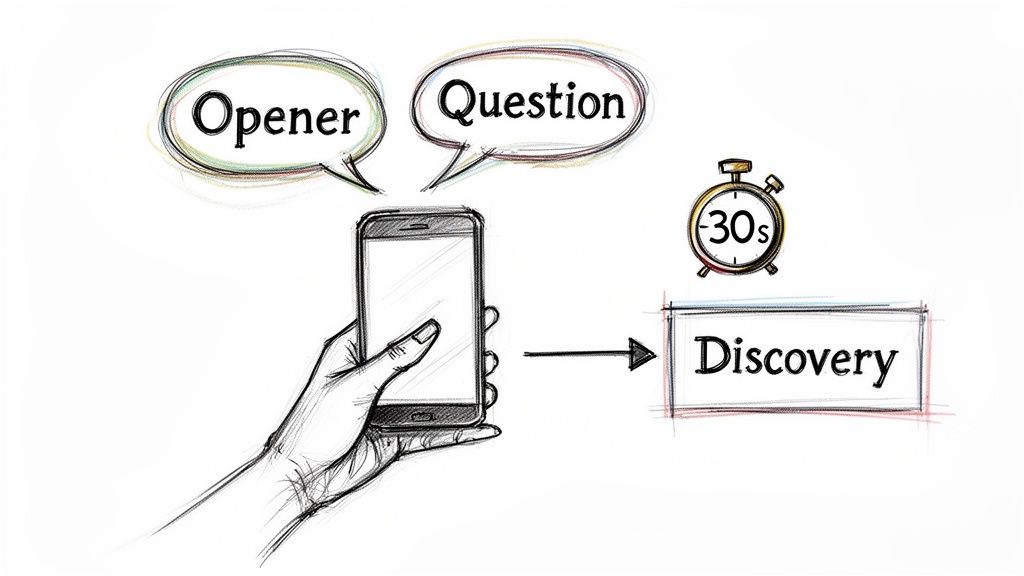 Hand holding a phone with 'Opener' and 'Question' speech bubbles leading to 'Discovery' in 30 seconds.