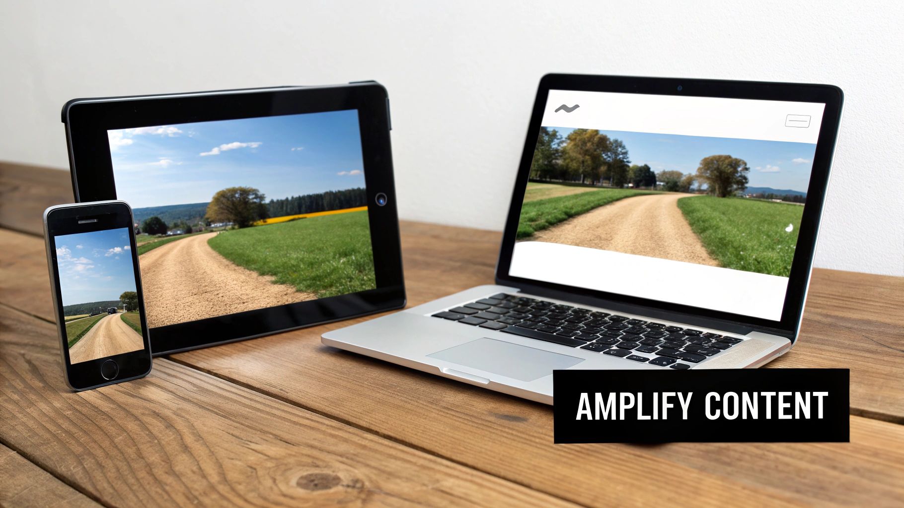 A smartphone, tablet, and laptop displaying a rural road, highlighting multi-device content delivery.