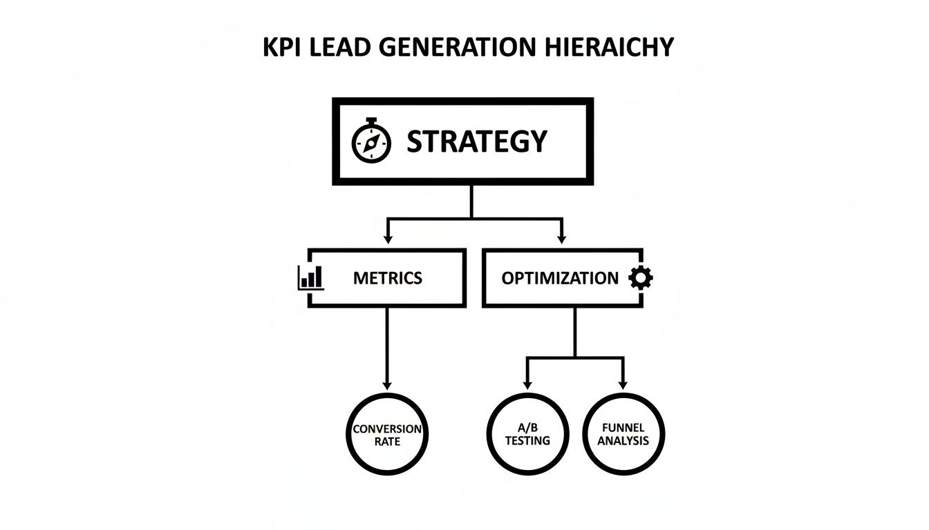A flowchart illustrates the KPI lead generation hierarchy, showing strategy, metrics, and optimization branches.
