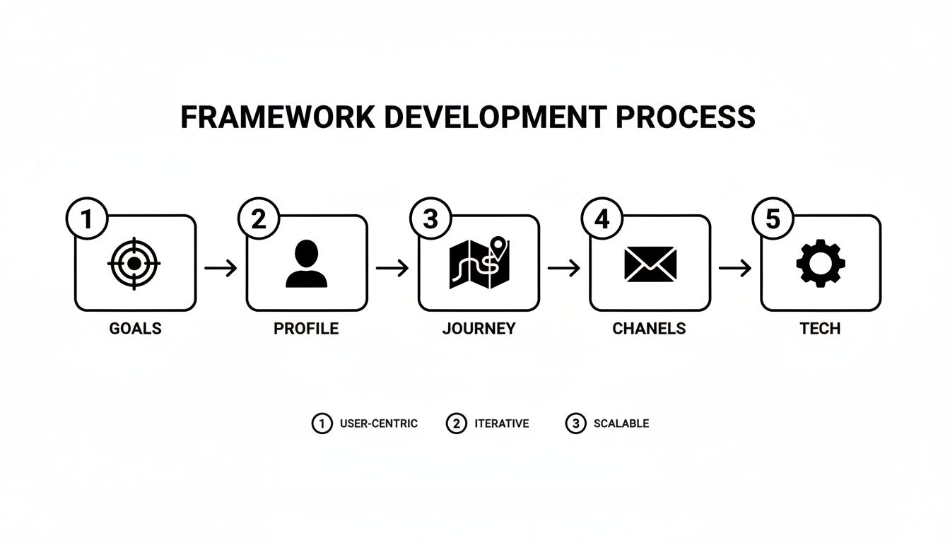A clear diagram outlining a five-step framework development process: Goals, Profile, Journey, Channels, Tech.