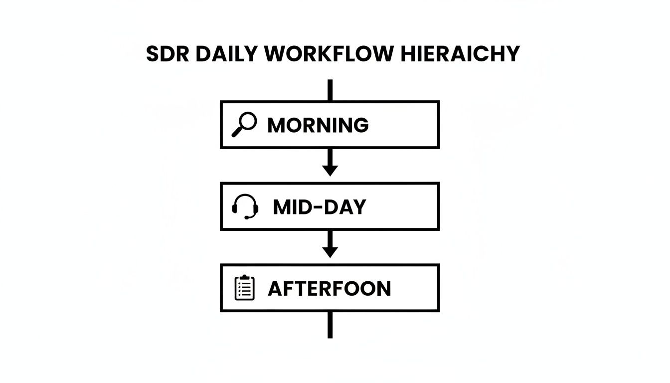 A workflow diagram titled 'SDR Daily Workflow Hierarchy' showing morning, mid-day, and afternoon tasks.