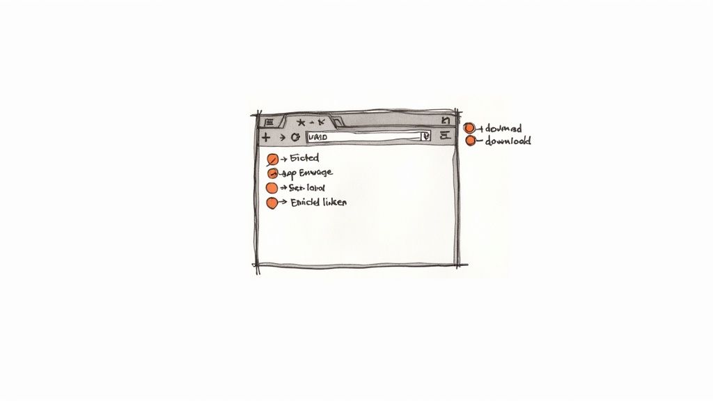 A graphic showing a web browser with links being extracted into a list, symbolizing the process of downloading all links on a web page.