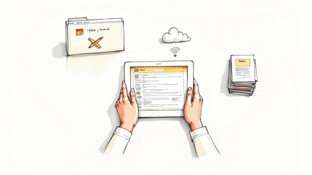 A person working on a laptop in an outdoor setting, symbolizing the need for offline access to web content.