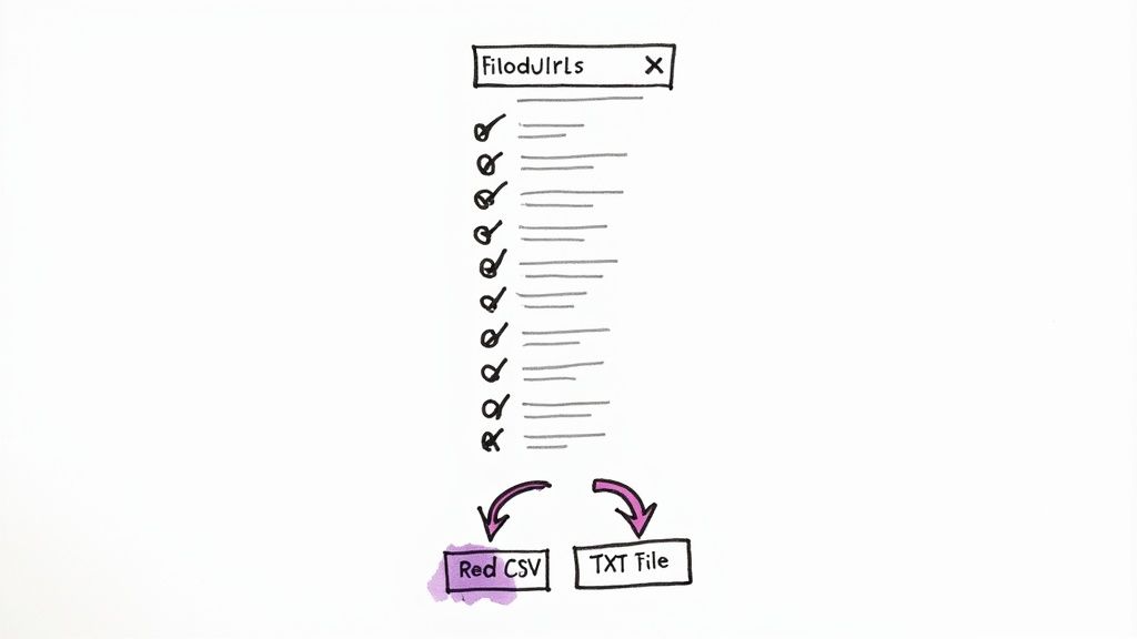 A graphic illustrating filtering options, such as checkboxes for different link types, and export buttons for CSV and TXT formats.