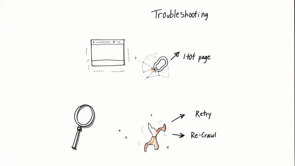 A person at a desk looking at a computer screen with code and error symbols, troubleshooting a problem.