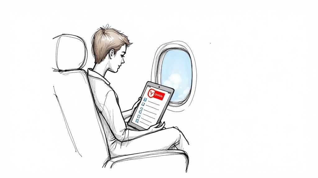 A person sitting in a comfortable chair and reading an article on a tablet.