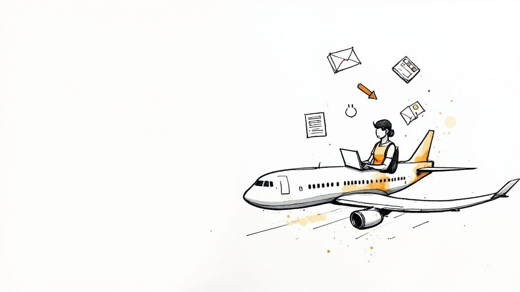 A person sitting on a couch and working on a laptop with a relaxed expression.