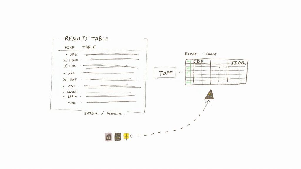 A user interface showing a list of links and export options for data management.