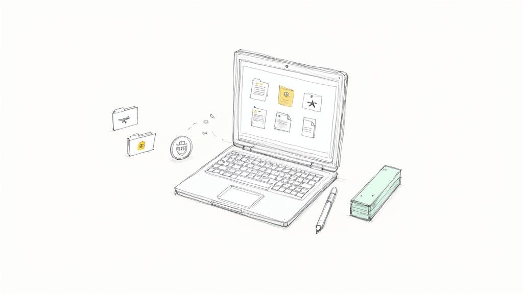 A person sitting and working at a desk with an organized digital library on their computer screen