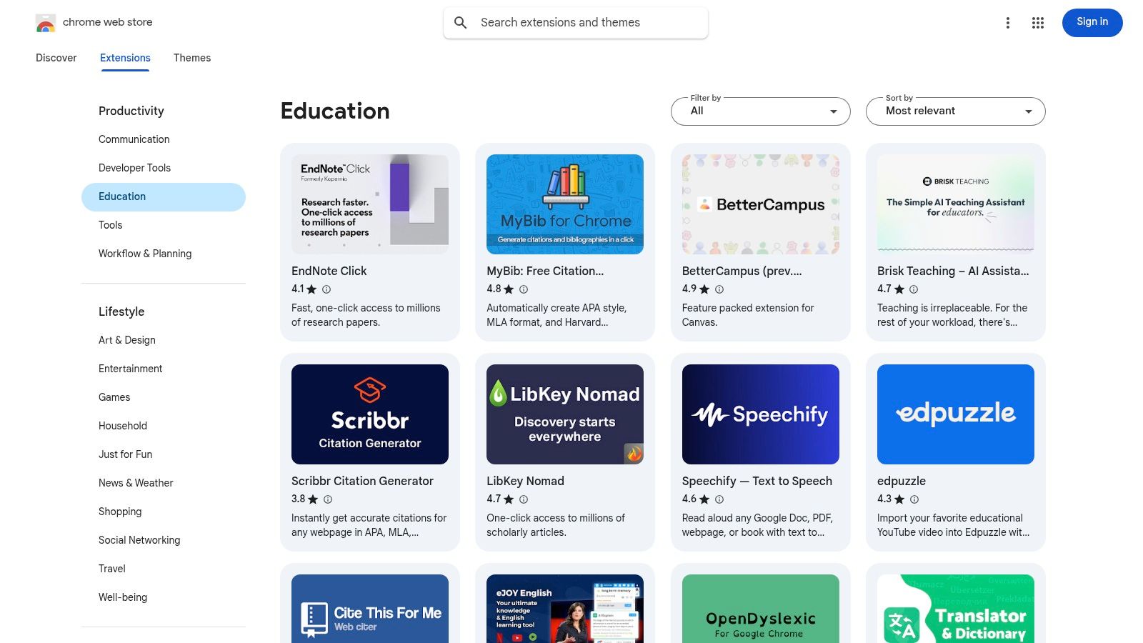 Chrome Web Store – Education category
