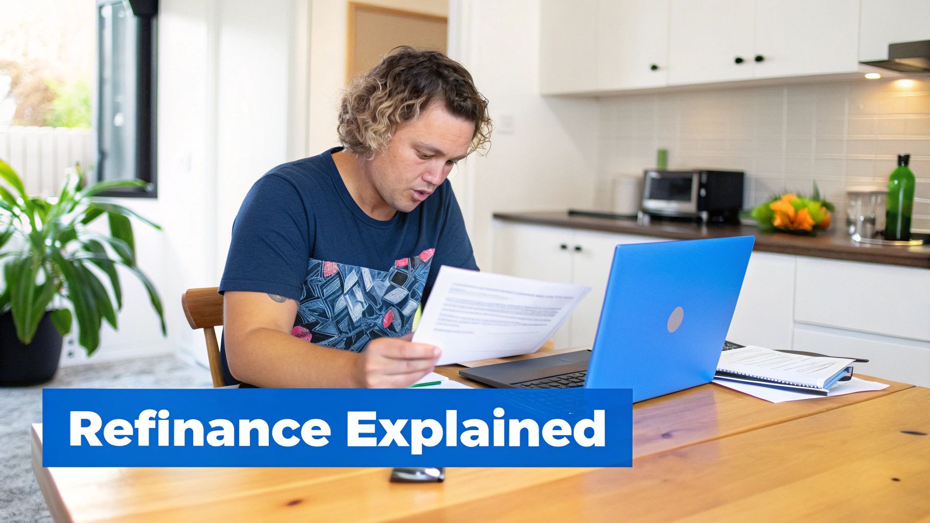 A couple reviewing financial documents at a table with a laptop and coffee.