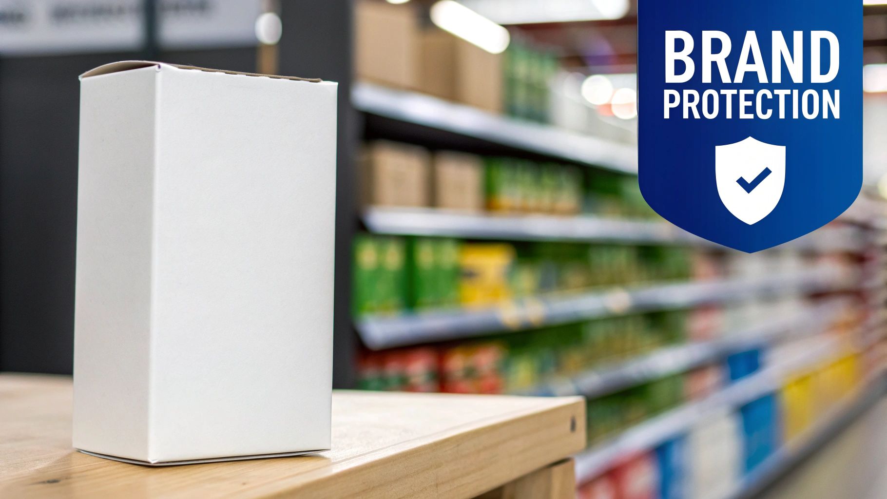 A white product box on a wooden surface in a store, with a 'Brand Protection' badge.