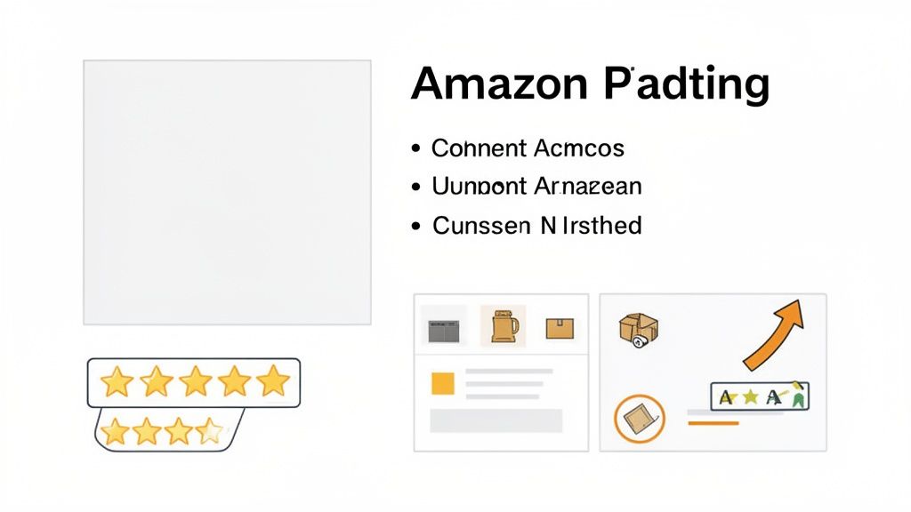 Image illustrating Amazon Padting with bullet points, star ratings, and icons representing product features and performance.