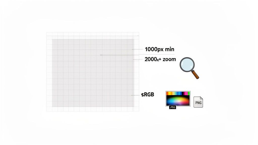 An illustration showing image requirements: 1000px min, 2000x+ zoom, sRGB, JPEG, and PNG formats.