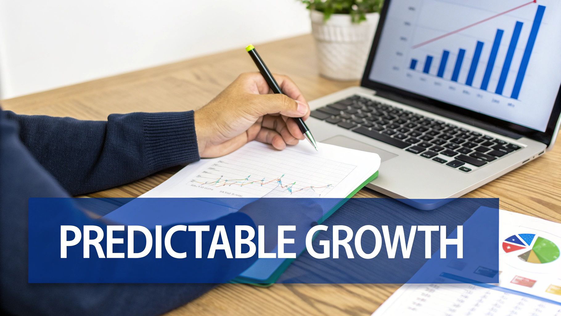 Hand writing on a notebook with graphs, next to a laptop displaying growth charts, overlayed with 'PREDICTABLE GROWTH'.