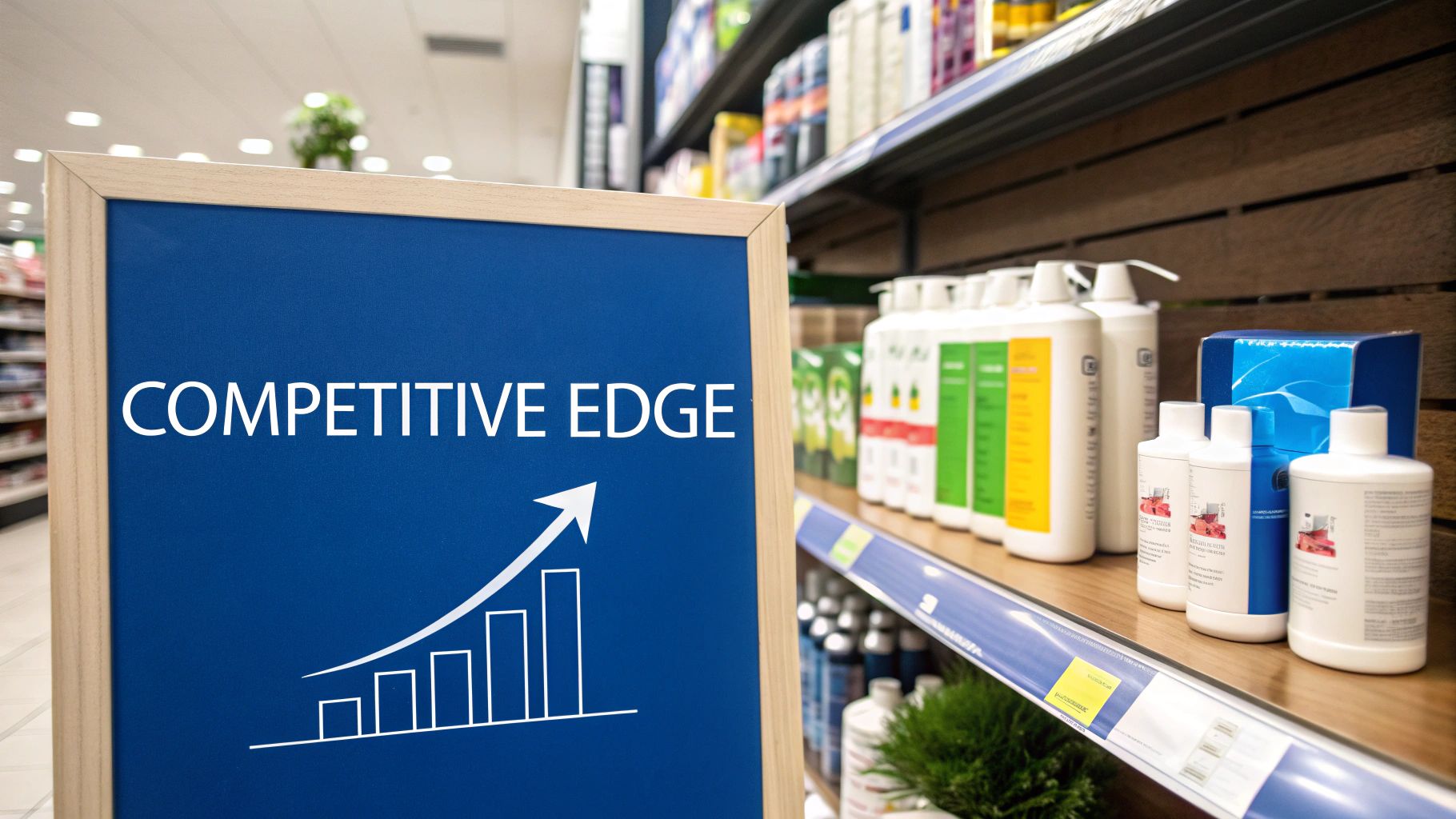 A blue sign reading 'COMPETITIVE EDGE' with a rising bar graph in a store aisle, symbolizing business growth.