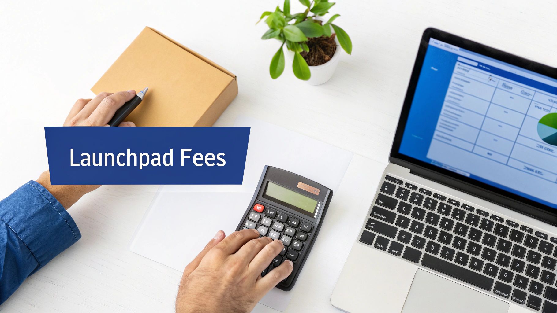 A person calculates launchpad fees using a calculator next to a laptop displaying a spreadsheet.