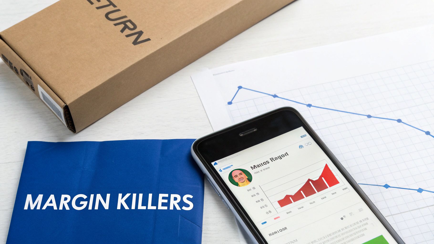 A 'RETURN' box, 'MARGIN KILLERS' folder, smartphone with a business report, and a declining graph.